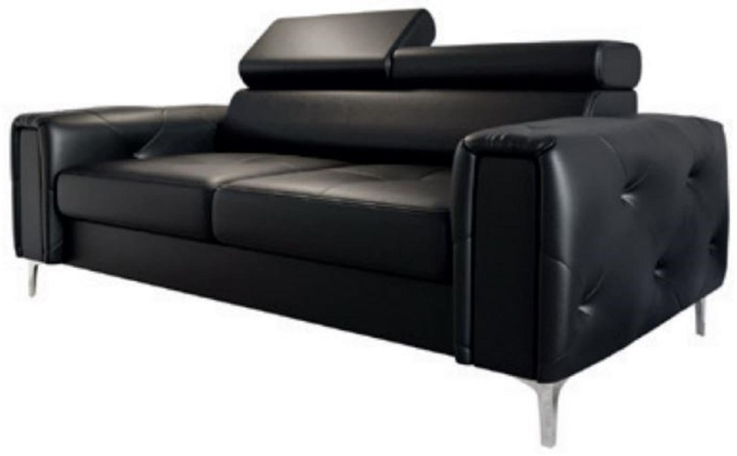 Casa Padrino Luxus Leder Sofa Schwarz / Silber 185 x 97 x H. 78-99 cm - Naturleder Wohnzimmer Sofa mit verstellbaren Kopfstützen - Wohnzimmer Möbel - Leder Möbel - Luxus Möbel Bild 1