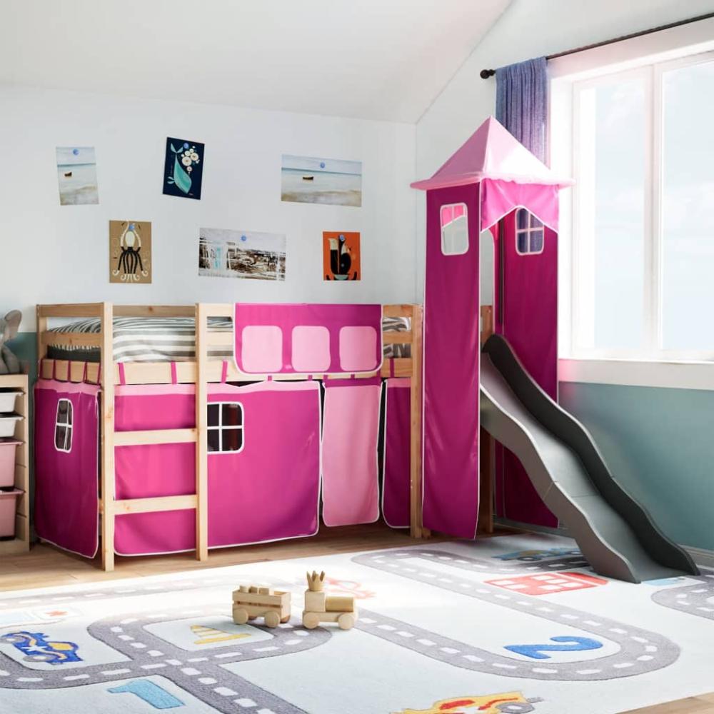 vidaXL Kinderhochbett mit Turm und Rutsche, Rosa, Massivholz Kiefer, Natur, 90 x 190 cm Bild 1