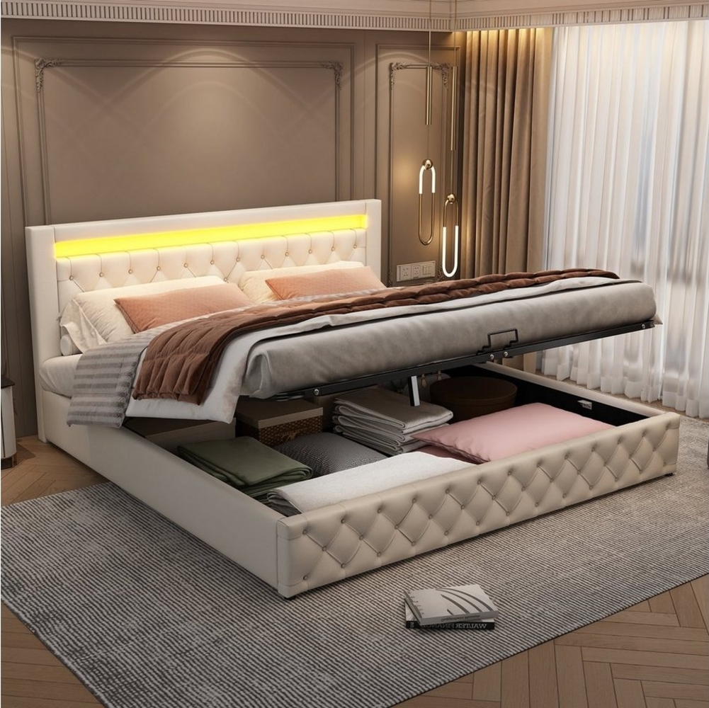 REDOM Polsterbett Polsterbett Doppelbett Stauraumbett Bett mit Lattenrost ohne Matratze (180x200 cm ohne Matratze), Funktionsbett mit Lattenrost und Stauraum,Mit LED-Beleuchtung Bild 1