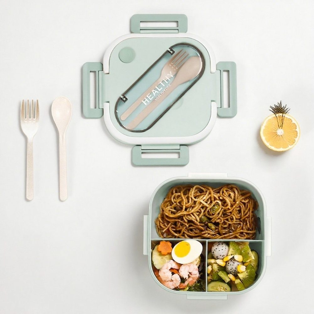 HT Lunchbox Lunch-Behälter (3 Fächer), Auslaufsicher & BPA-frei-mit Besteck, für Kinder und Erwachsene Brotdose mit Fächern Bild 1