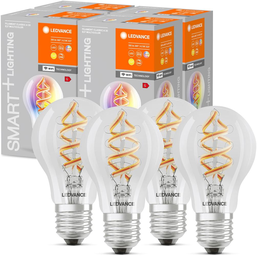 LEDVANCE Smarte LED-Lampe mit Wifi Technologie, E27, RGB, Birnenform, Farbiges Filament als Stimmungslicht, Ersatz für herkömmliche 60W-Glühbirnen, steuerbar mit Alexa, Google & App, 4er-Pack Bild 1