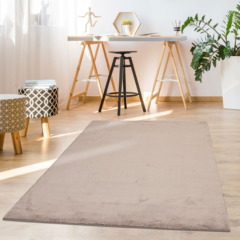 Teppich Wohnzimmer Hochflor - Einfarbig Beige - 200x290cm - Kuschelig Weich Samtweich - Schlafzimmer Dekoration - Deko Teppiche Bild 1