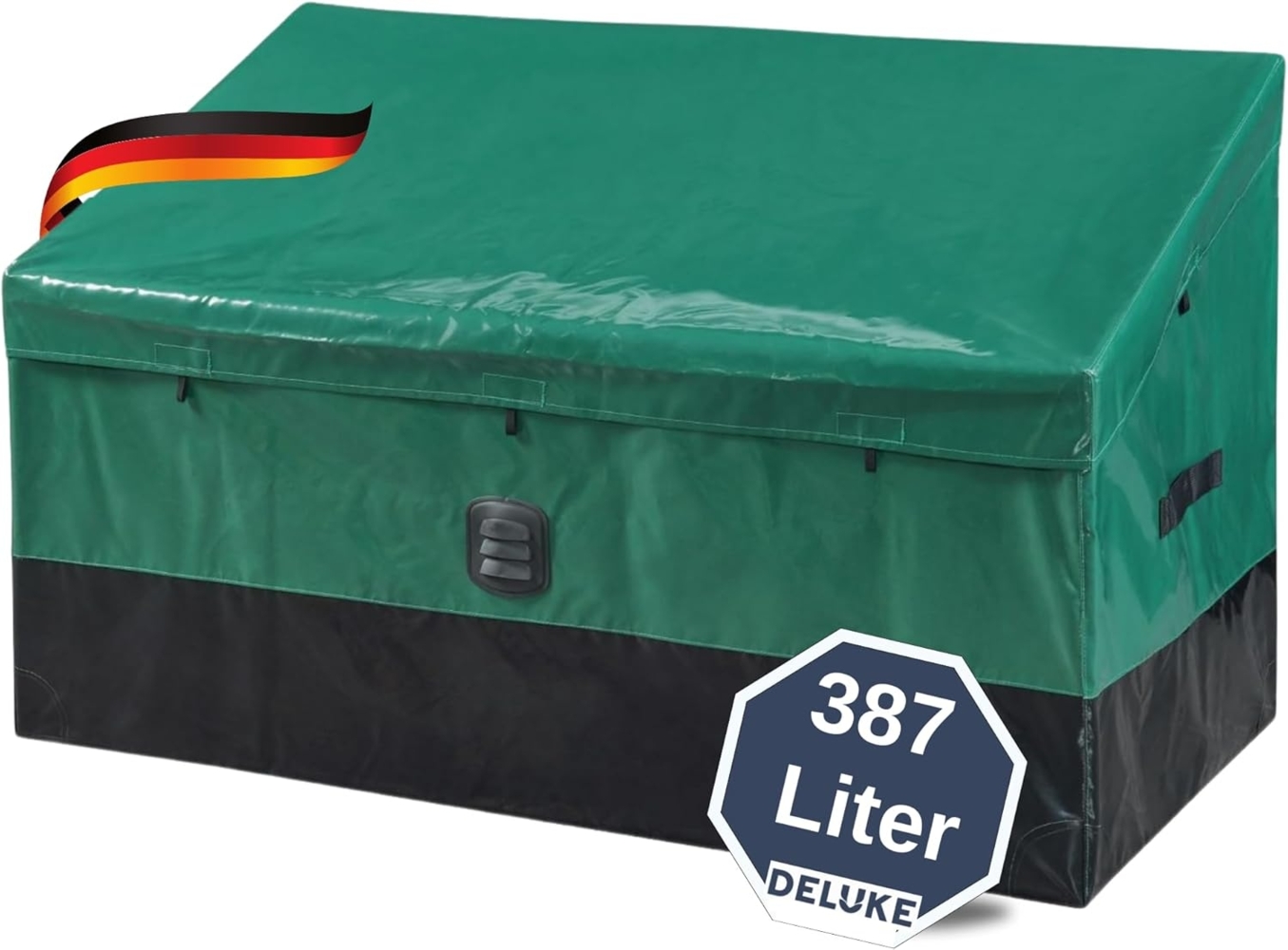 DELUKE® Aufbewahrungsbox Garten PETER aus Plane - mit Deckel Belüftet Gartenbox Auflagenbox Garten Kissenbox Gartentruhe viel Platz für Sitzauflagen Gartengeräte oder Kinderspielzeug 387L Grün Bild 1