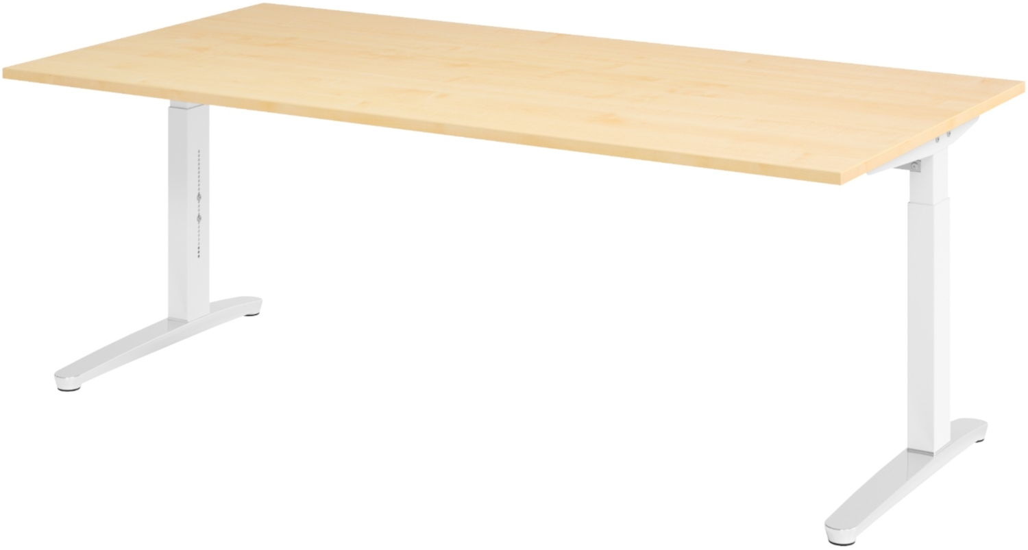 bümö manuell höhenverstellbarer Schreibtisch 200x100 in Ahorn, Gestell in weiß/alu - PC Tisch höhenverstellbar & groß, höhenverstellbarer Tisch Büro, großer Computertisch verstellbar, X2E-3-WC Bild 1
