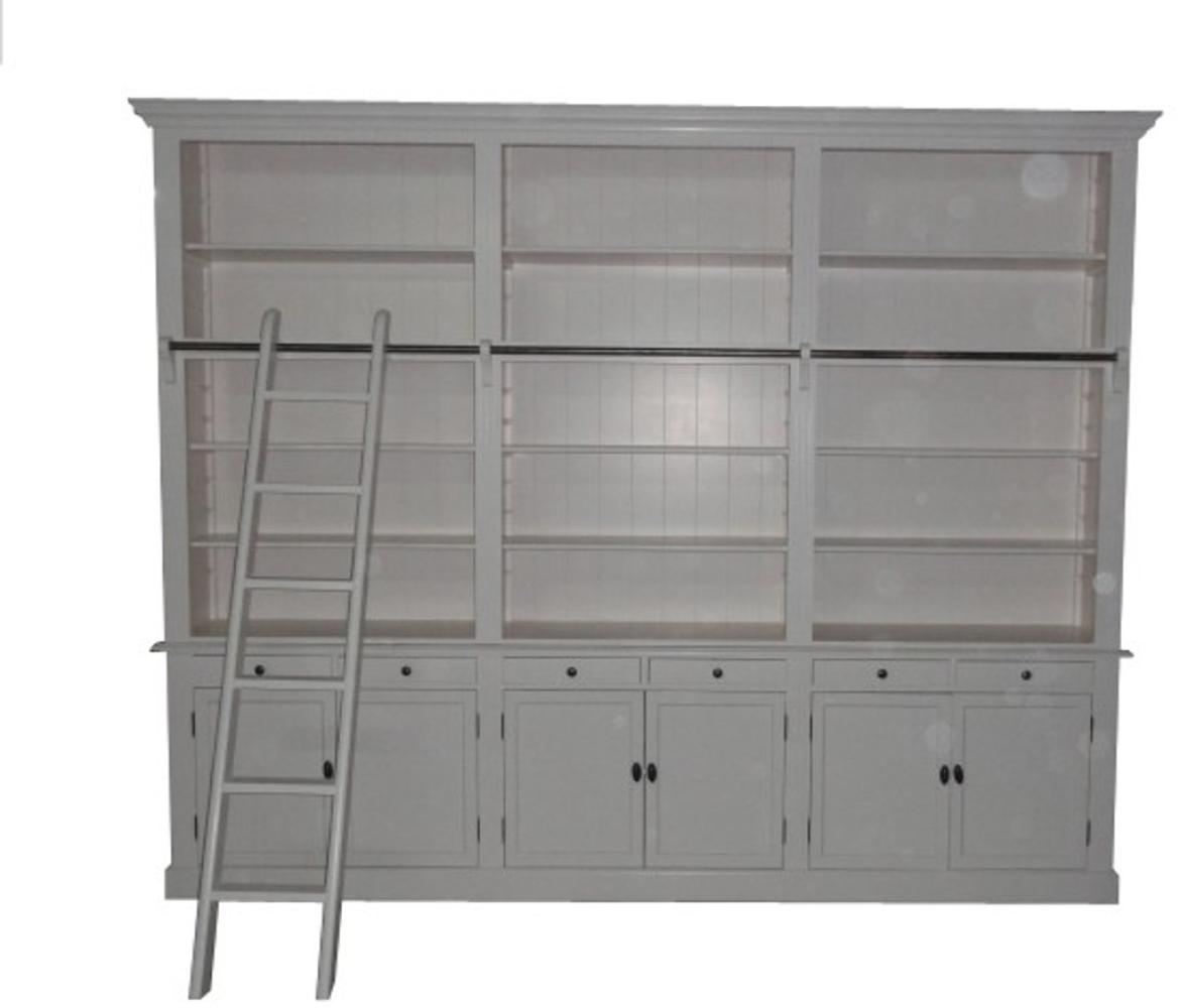 Bücherregal im Landhausstil (B 300 x T 36 x H 240) mit Leiter (H 300 cm) weiss Antik-Look - shabby-chic Regalschrank, Bücherschrank Bild 1