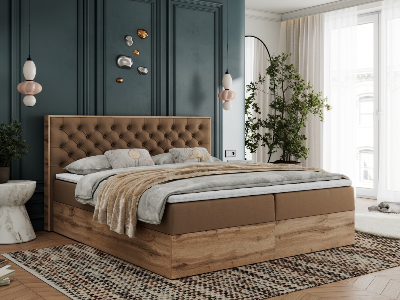 Boxspringbett mit Multipocket-Matratze und Zwei Bettkästen, Doppelbett mit Stauraum - ALBERO 3 - 200 x 200 cm - Braun Kunstleder - H4 Bild 1