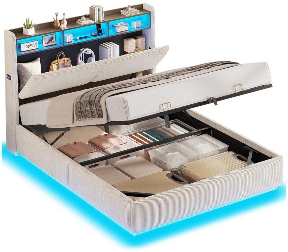 MSMASK Polsterbett Hydraulisches Stauraumbett mit LED Beleuchtung und Steckdosen (1-tlg, Ohne Matratze), Jugendbett mit Stauraum Kopfteil, 140x200 cm Bild 1