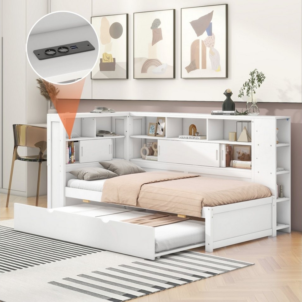 HAUSS SPOLE Stauraumbett 90x200cm mit Ausziehbett(90x190cm),Staufach und USB, Grau (Multifunktionales Daybett Tagesbett Schlafsofa, ideal für Kinder- und Gästezimmer 90x200cm(90x190cm), ohne Matratze Bild 1