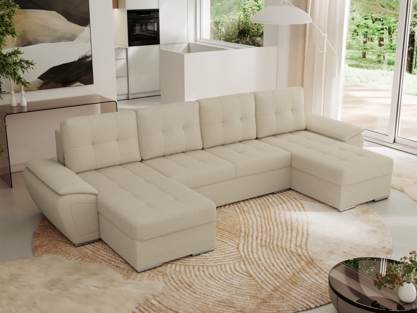 U-förmiges Ecksofa mit Schlaffunktion, genähter Sitz, zwei Armlehnen und losen Kissen - UMBRIA U - Beige Boucle Bild 1