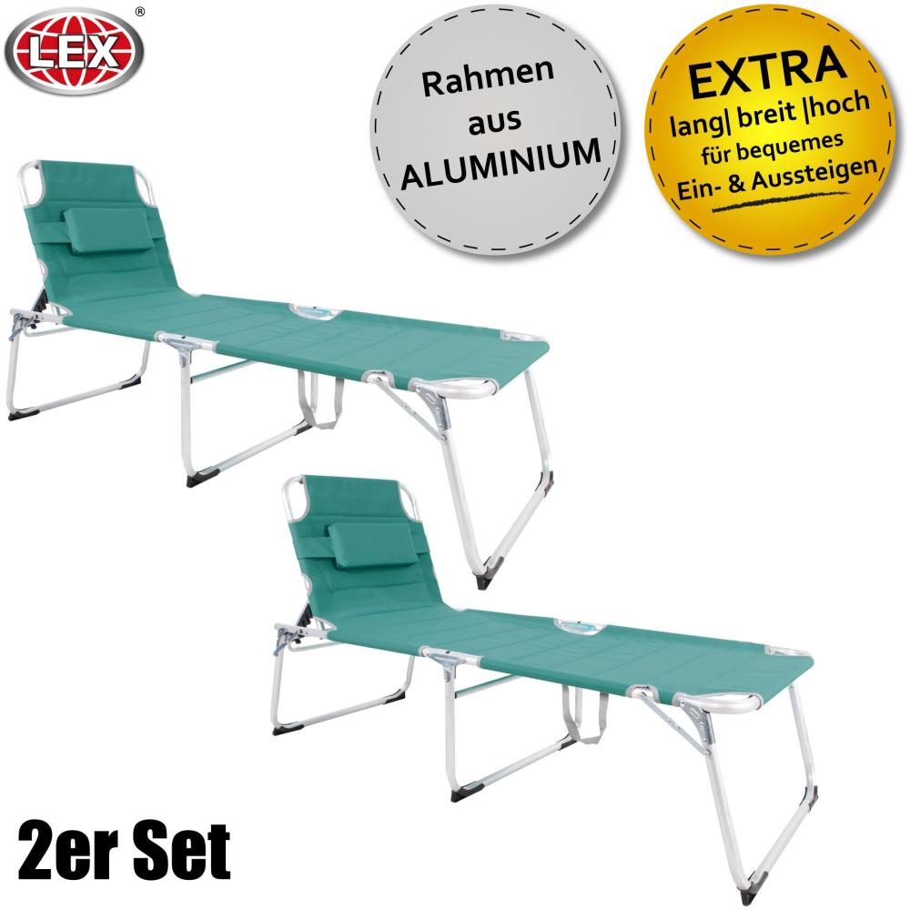 2er-Set XXL 2 m Aluminium Gartenliege Sonnenliege gepolstert Kopfkissen klappbar Aqua Bild 1