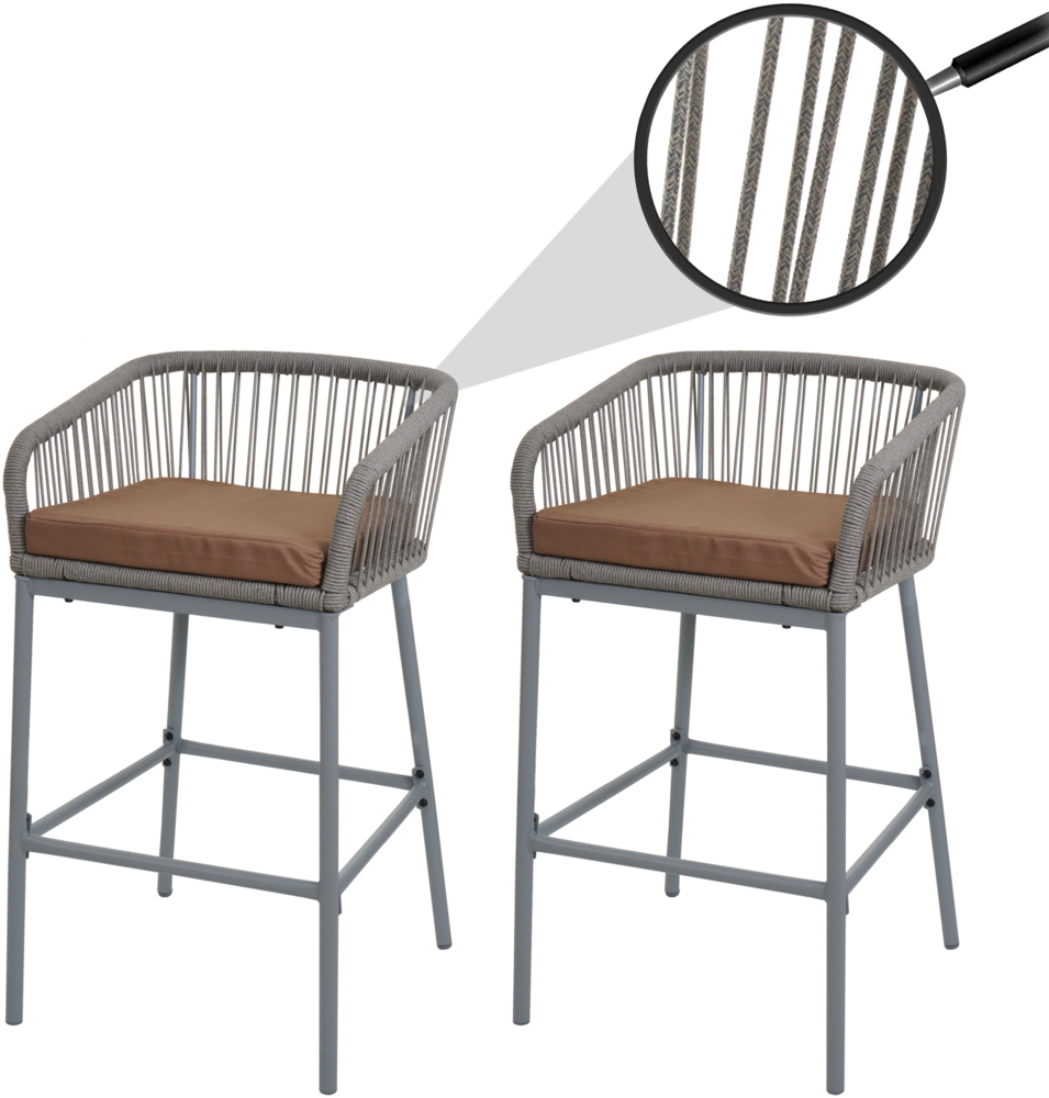 2er-Set Rope-Barhocker HWC-O22, Tresenhocker, Outdoor Sitzpolster Seilgeflecht Metall ~ hellgrau, Kissen taupe Bild 1