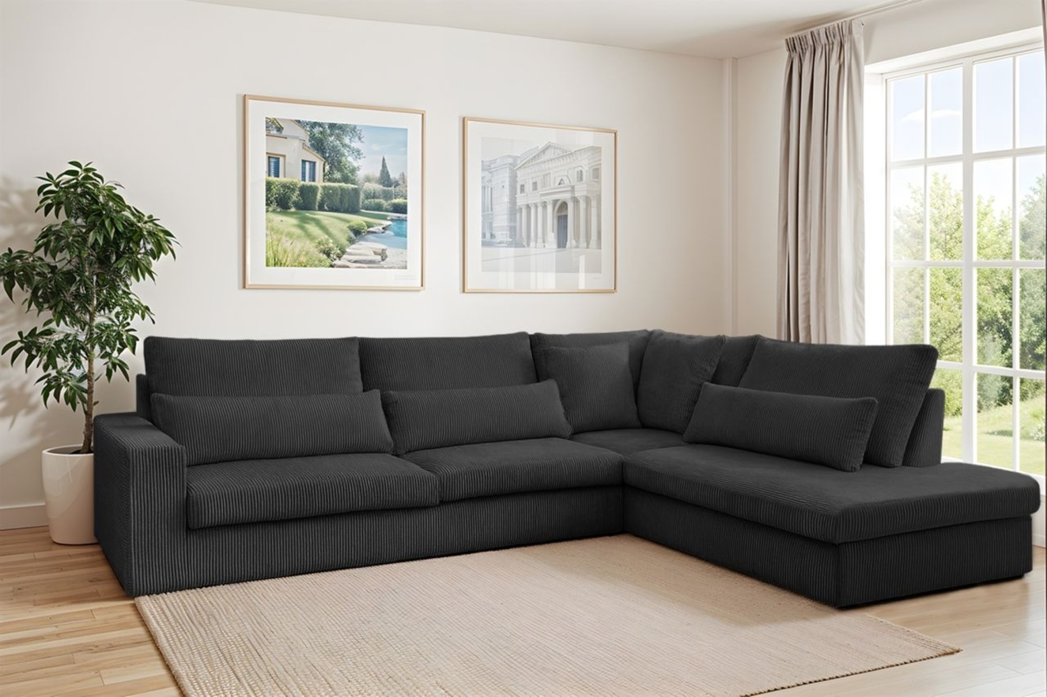 Ecksofa Designersofa THORA in Stoff Poso Schwarz Ottomane Rechts Bild 1
