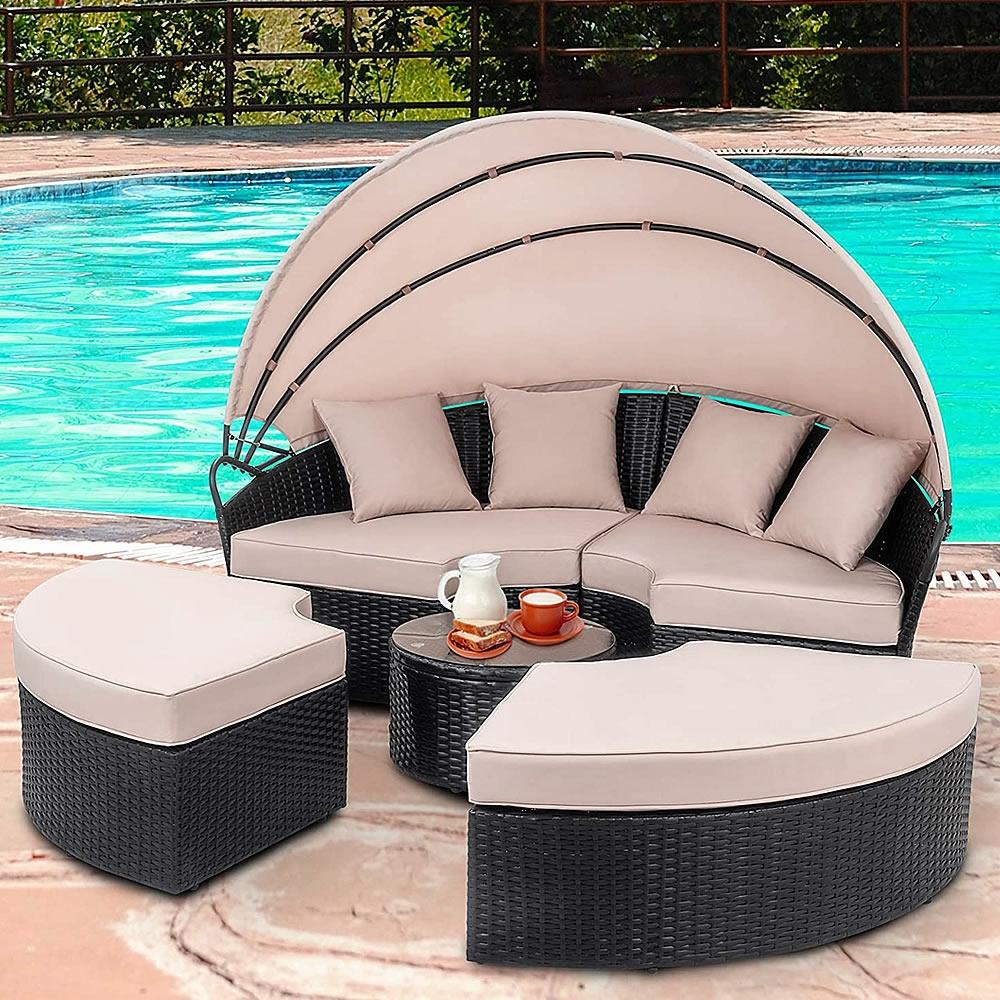 Polyrattan Sonneninsel 180cm Gartenmuschel Sonnenliege Loungebett schwarz/creme Bild 1