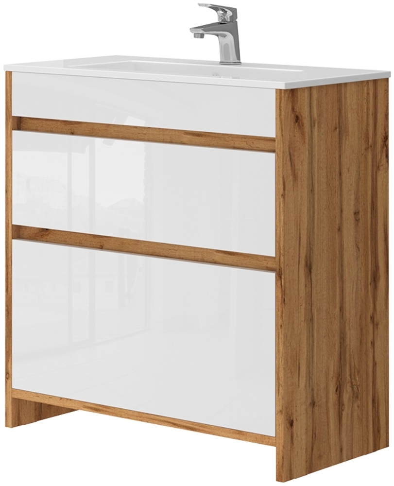 Waschbeckenunterschrank Detmold Goldkraft Eiche 2 Teile, Unterschrank 80 cm Vicco Bild 1