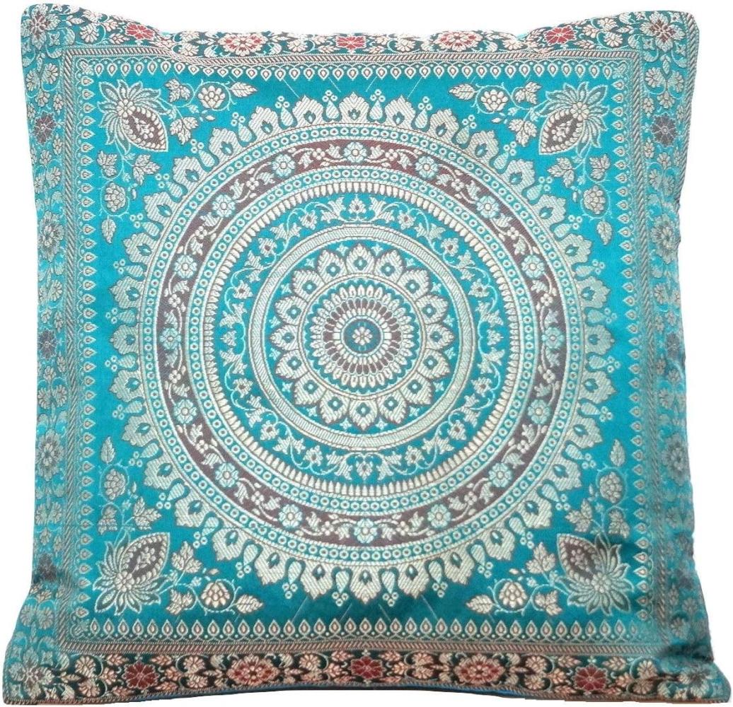 Handgewebt und Handgefertigt Indische Banarasi Seide Kissenbezug, Dekokissen - Mandala Muster mit unsichtbarer Reißverschluss - 40 x 40 cm | 16 x 16 Zoll, Türkis-Grün Bild 1