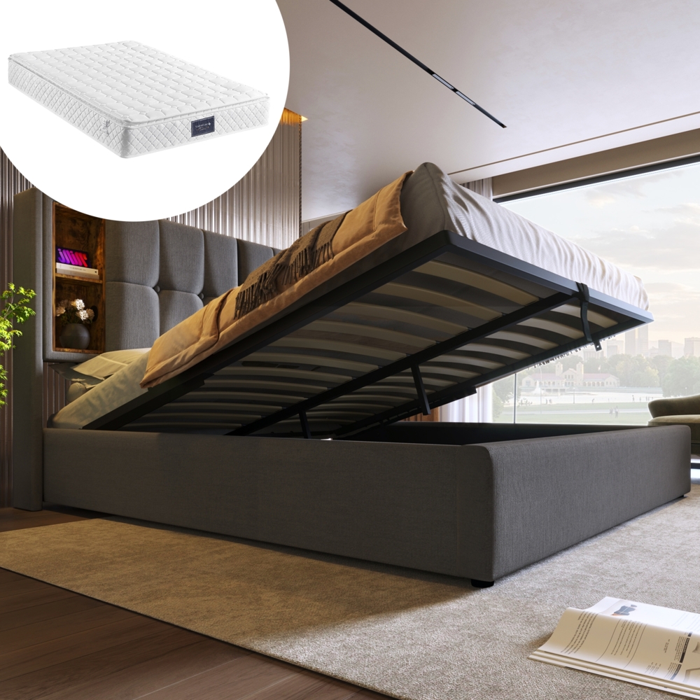 Polsterbett 140x200 cm mit kabelloser Ladestation, USB & Typ-C Anschlüssen,Kopfteil mit Ablagefächern, Baumwolle Grau,inklusive Matratze Bild 1