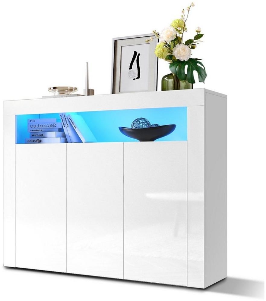 SONNI Kommode Sideboard, Weiss Hochglanz mit LED, 116x93x35cm, Wohnzimmer mit LED, Kommodenschrank, Sideboard für Küche Bild 1