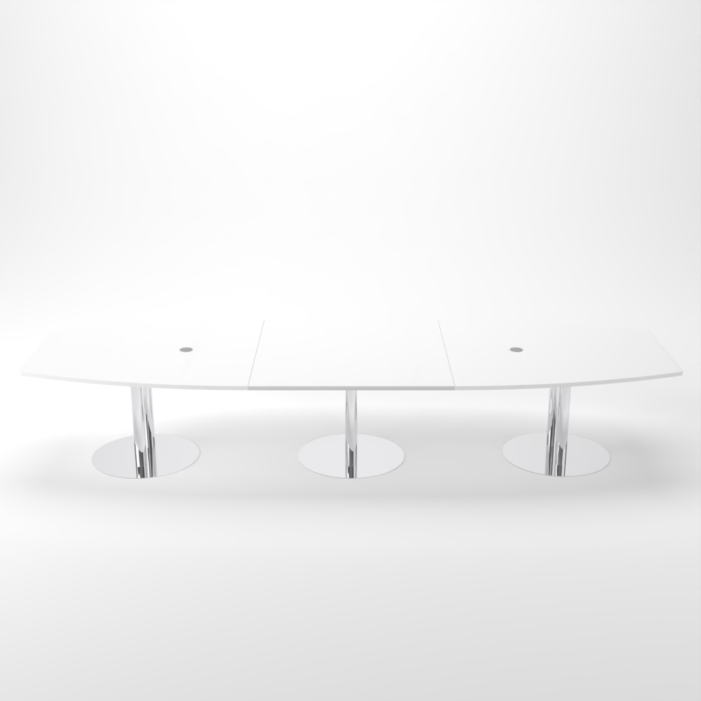 Rheinland Möbel Konferenztisch KONTI 400x130 cm – ovaler Besprechungstisch in Weiß mit verchromten Säulenfüßen & 2 Kabelauslässen, erweiterbarer Meetingtisch für 12–14 Personen, moderner XXL-Tisch fürs Büro Bild 1