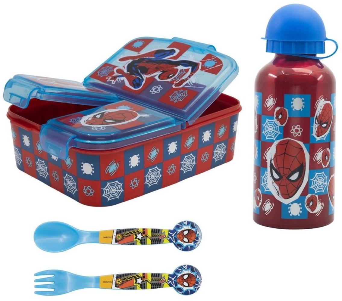 MARVEL Lunchbox Marvel Spiderman 4 tlg Kinder Lunch Set, (4-tlg), 3 Kammern Brotdose Alu-Trinkflasche Besteck Bild 1