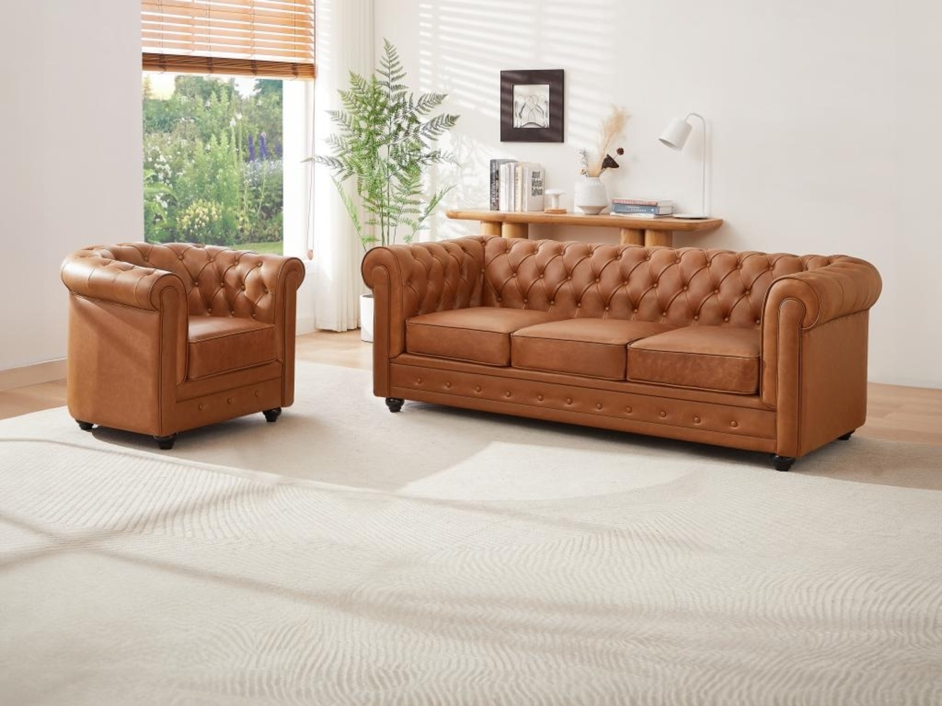 Vente-unique - Sofa 3-Sitzer & Sessel - Rindsleder - Camelfarben - CHESTERFIELD Bild 1