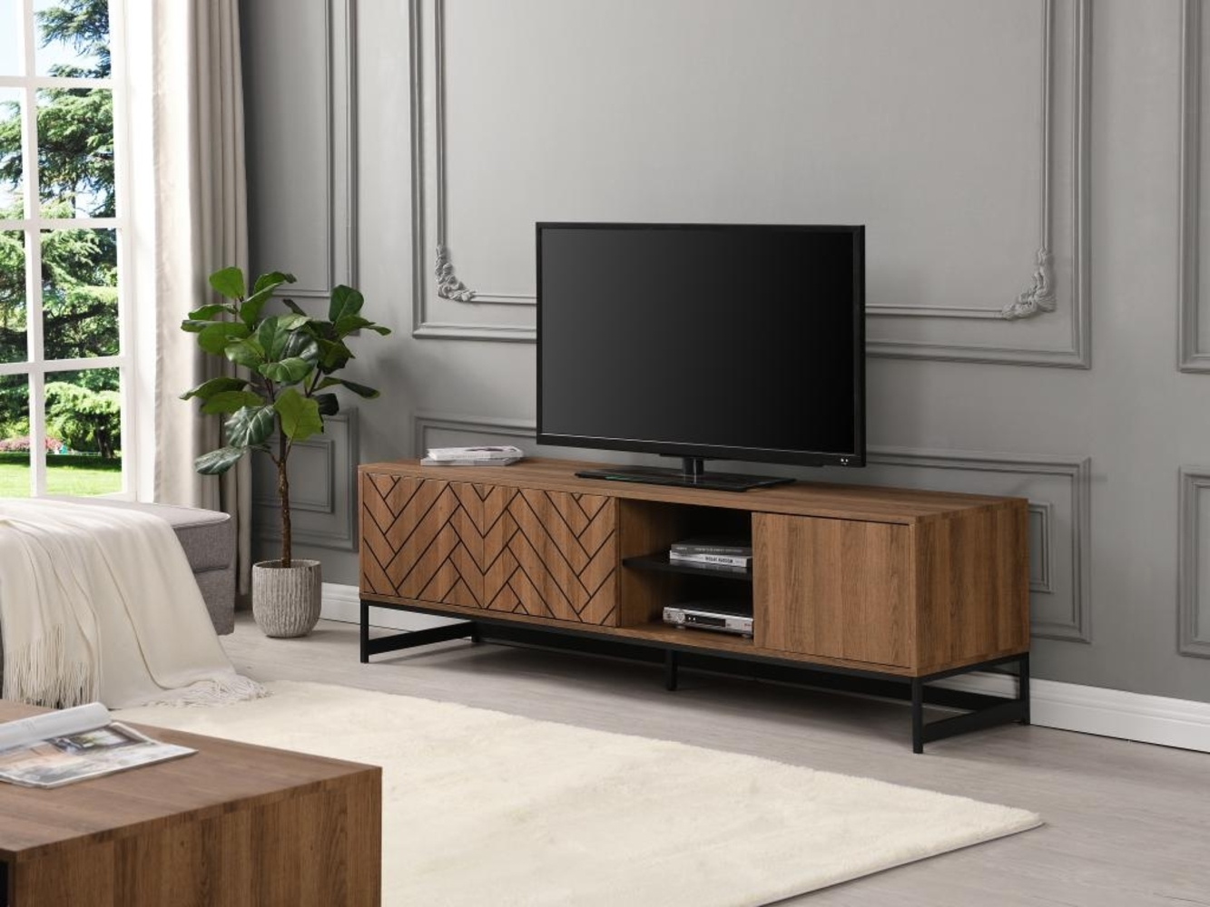 Vente-unique - TV Möbel mit 3 Türen & 2 Ablagen - MDF - Naturfarben & Schwarz - CARATANA Bild 1