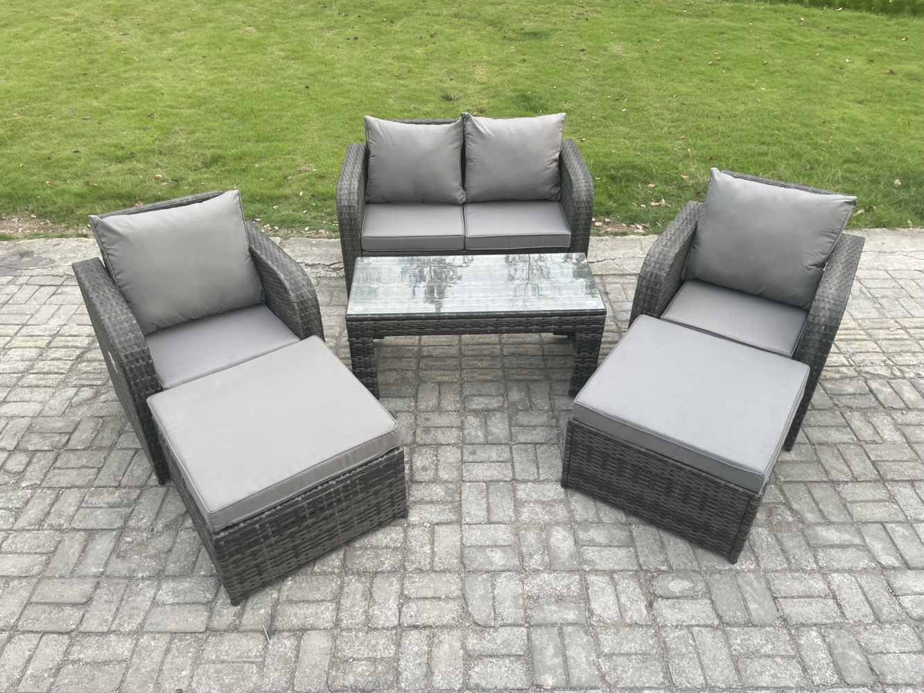 Fimous 6-Sitzer Hoher Rücken Rattan Gartenmöbel Sets mit Rechteckiger Couchtisch Liegestühle Love Sofa 2 hohen Hockern Bild 1