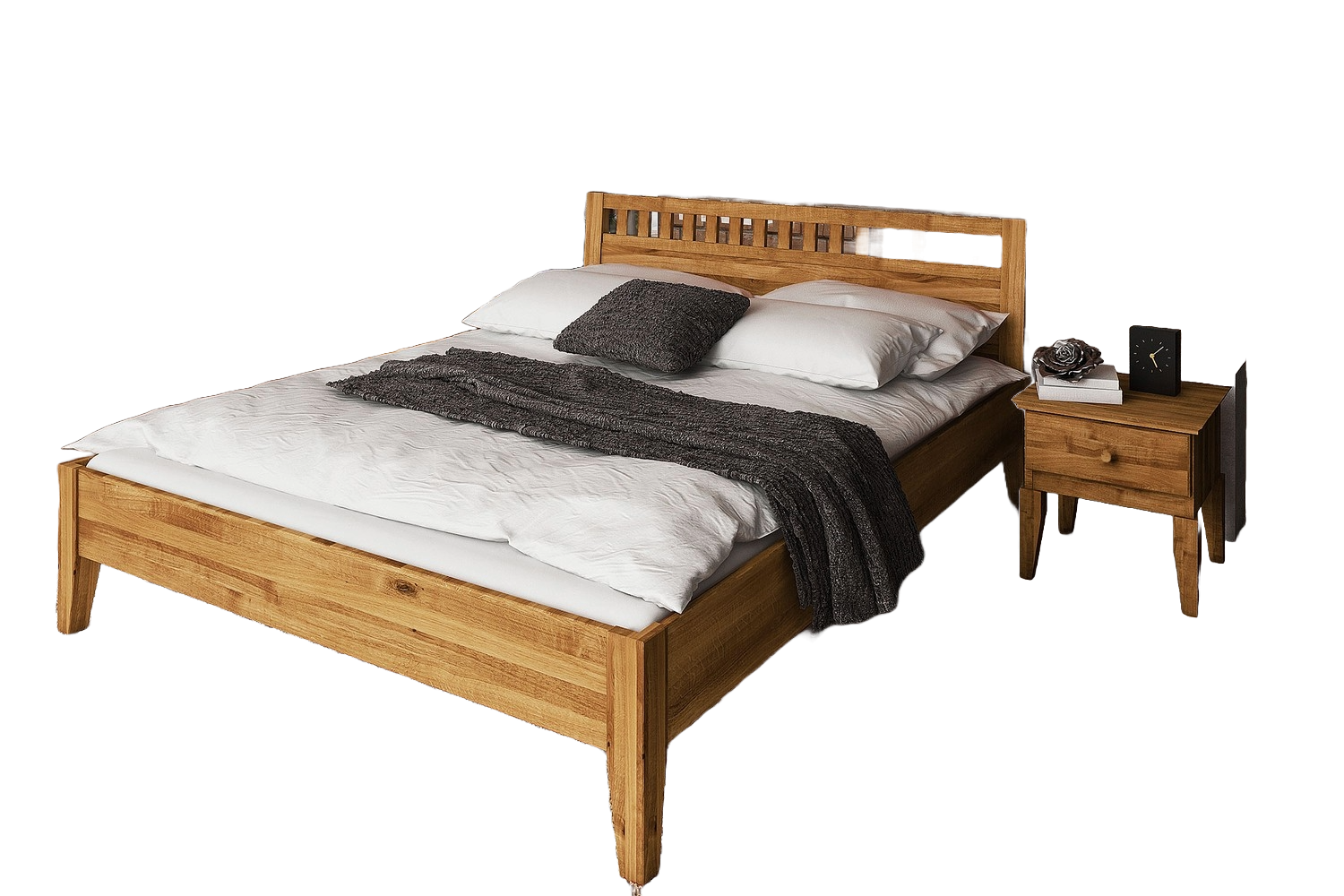 Bett Sydo 5 aus Wildeiche massiv 80x200 cm mit Holzkopfteil und Holzbeinen Bild 1