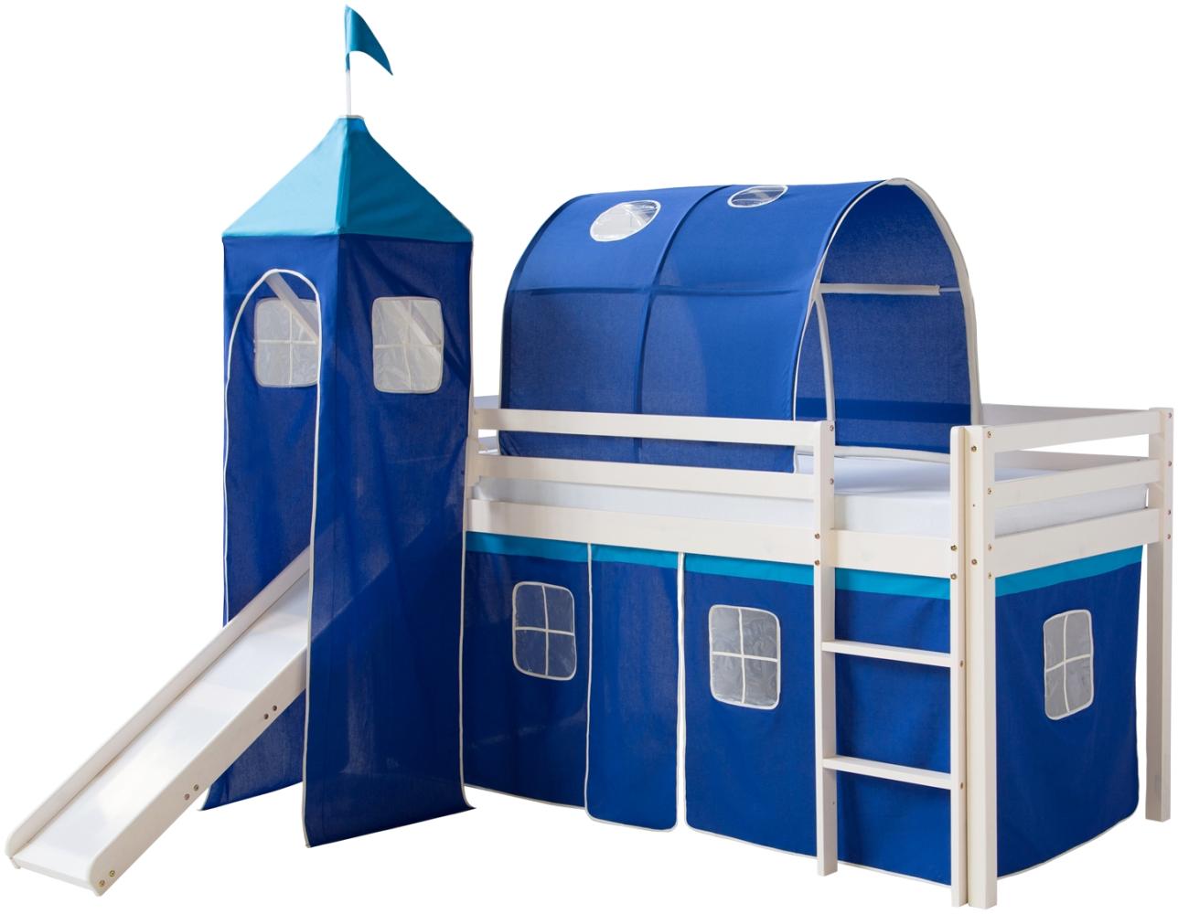 Homestyle4u Spielbett mit Tunnel, Turm und Rutsche, Blau, Kiefernholz blau / weiß, 90x200 cm Bild 1