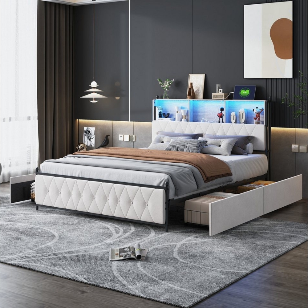 PXloue Polsterbett Doppelbett mit LED Licht 140x200/160x200 (Mit Lattenrost und Ladefunktion, Samtmaterial Stauraumbett), Modernes Jugendbett, mit Bettrahmen und 4 Schubladen, Samt, 160x200cm Bild 1