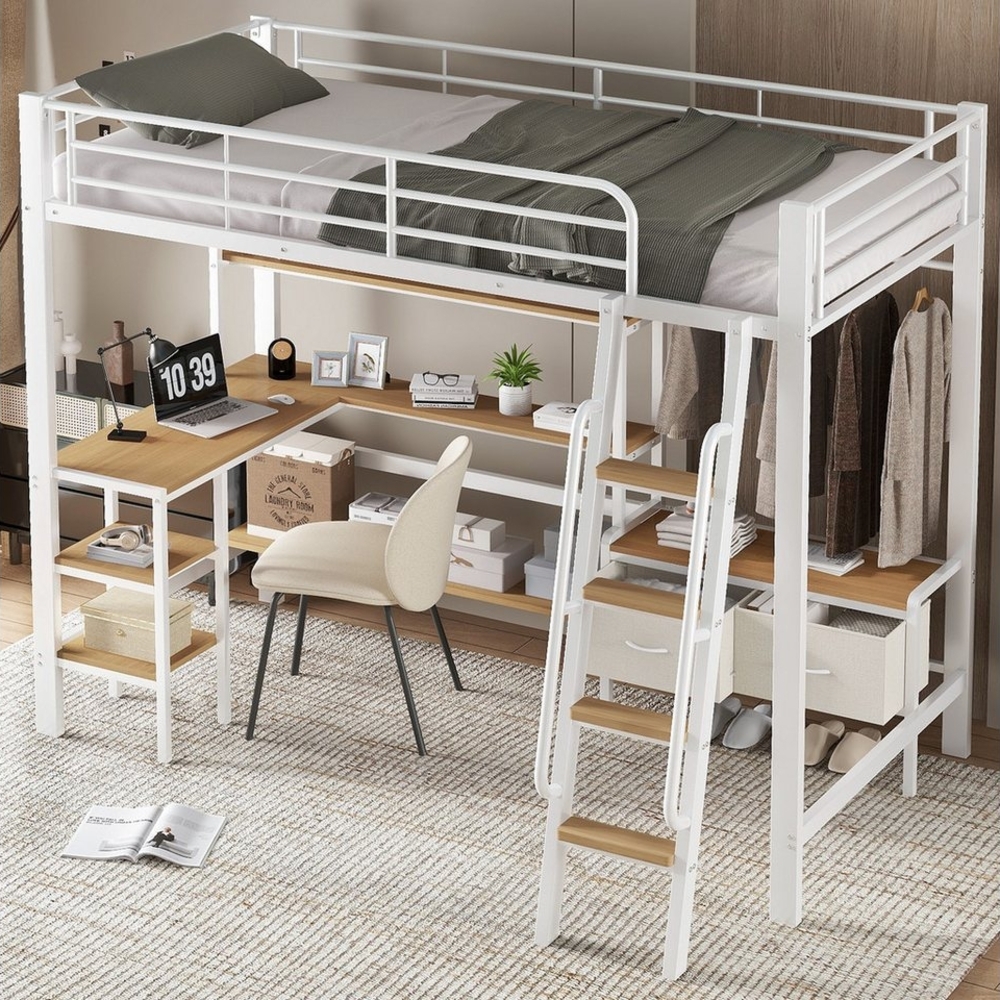 MODFU Kinderbett mit integriertem Schreibtisch (Hochbett mit praktische Aufbewahrungsregale und Stoffboxen, vierstöckige Schrägleiter, Eisenbett 90x200 cm), ohne Matratze Bild 1