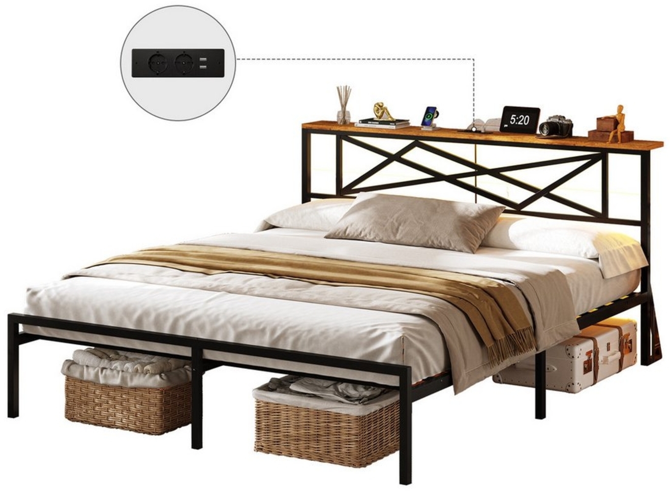 MSMASK Bettgestell mit LED Beleuchtung und Steckdose USB-Anschlüsse, Schwarz (1-tlg, Ohne Matratze), 180*200cm Bild 1
