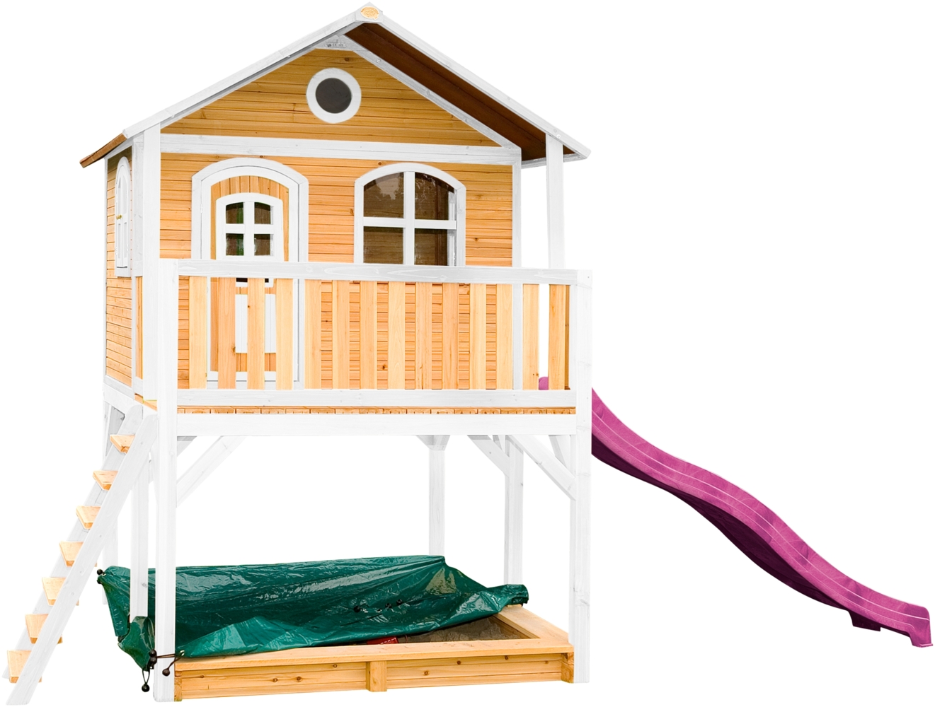 AXI Spielhaus Marc mit Sandkasten & lila Rutsche Stelzenhaus in Braun & Weiß aus FSC Holz für Kinder | Braun, weiß, lila | Holz | 212 cm Bild 1