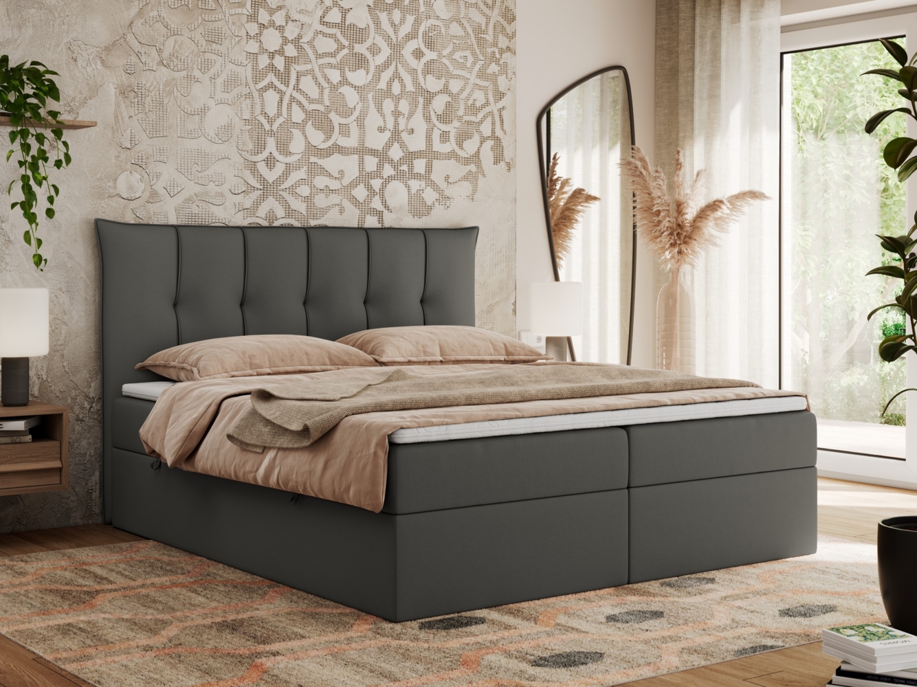 Boxspringbett, Polsterbett mit Bettkasten - PREMIUM-10 - 140x200cm - Grau Kunstleder - H3 Bild 1