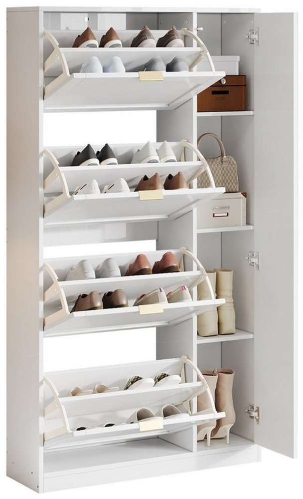Refined Living Schuhschrank mit Spiegel, 4 klappbaren Aufbewahrungsfächern (Maße: B80/H147/T24 cm, Flurmöbel Weiß, Schuhschrank mit Stauraum, erstellbarem Regalbrett hinter dem rechten Spiegel) für den Flur Bild 1
