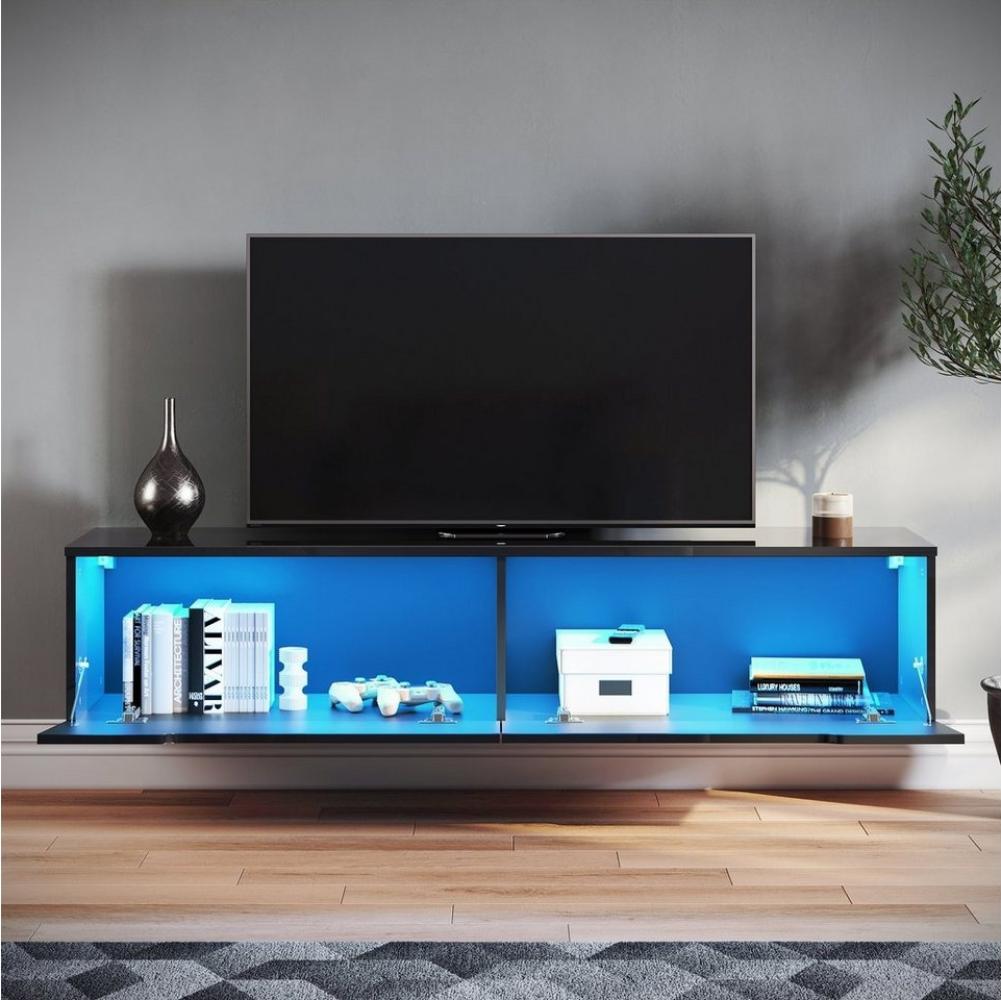 SONNI Sideboard TV Lowboard 140x35x30cm Weiß/Swarz mit LED-Beleuchtung, TV Schrank Bild 1