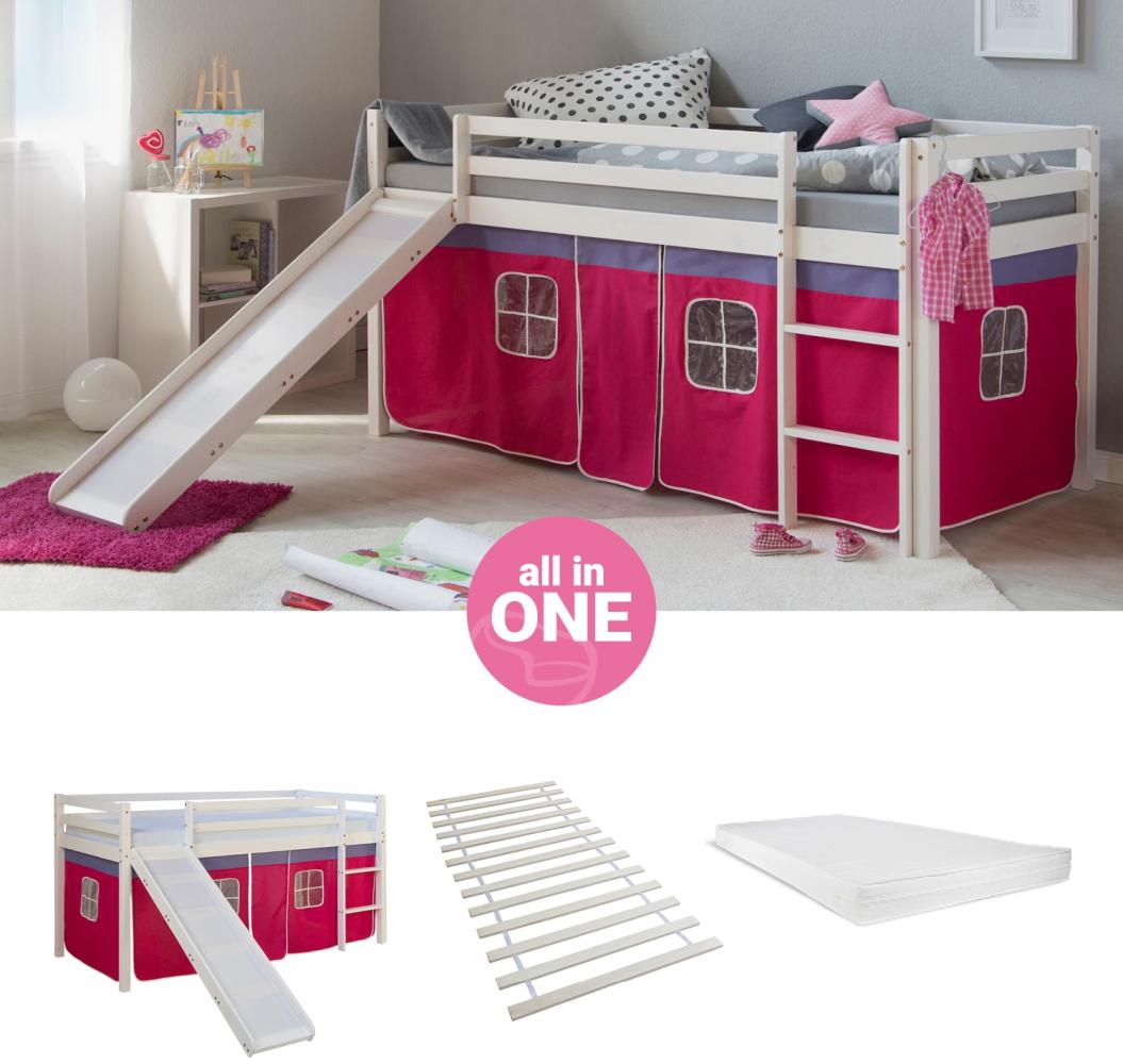 Hochbett mit Matratze 90x200 cm Rutsche Stockbett Kinderbett Leiter Holz Kiefer Vorhang Pink Lattenrost Spielbett Bild 1