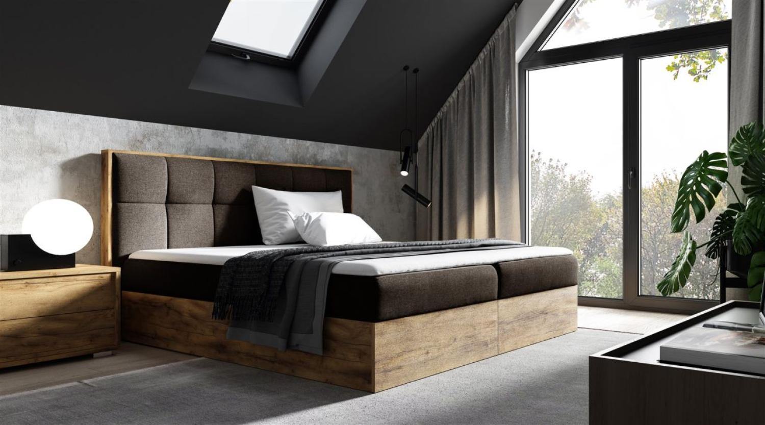 Boxspringbett Bett THANOS 200x220cm Lancelot Eiche Stoff Braun inkl. Bettkasten Bild 1