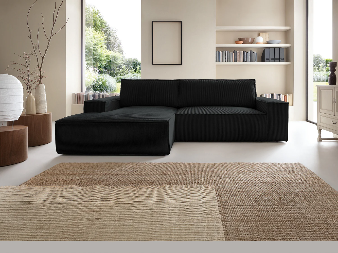 Vente-unique - Ecksofa mit Schlaffunktion - Ecke links - Cord - Schwarz - AMELIA Bild 1