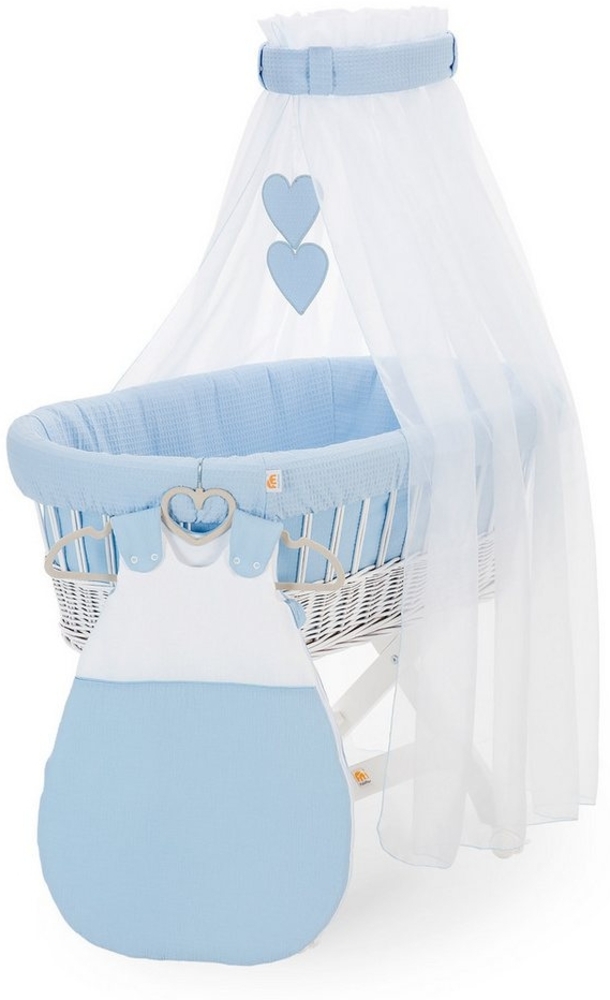 FabiMax Stubenwagen Weiß lackiert, 2 in 1 Musselin / Waffelpiqué Komplettset Blau mit Schlafsack Bild 1