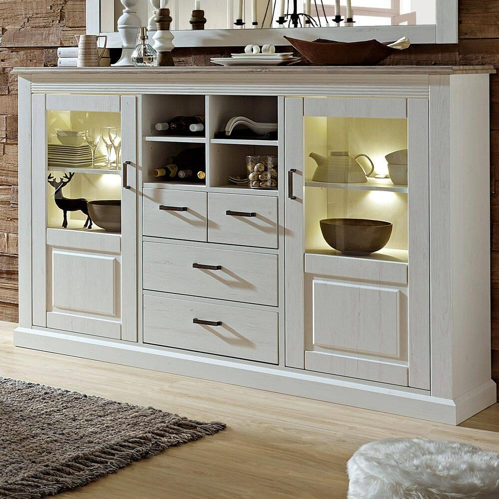 Landhaus Highboard inkl. LED-Beleuchtung LEER-55 in Pinie weiß mit Abs. taupe, B/H/T ca. 180/120/42cm Bild 1