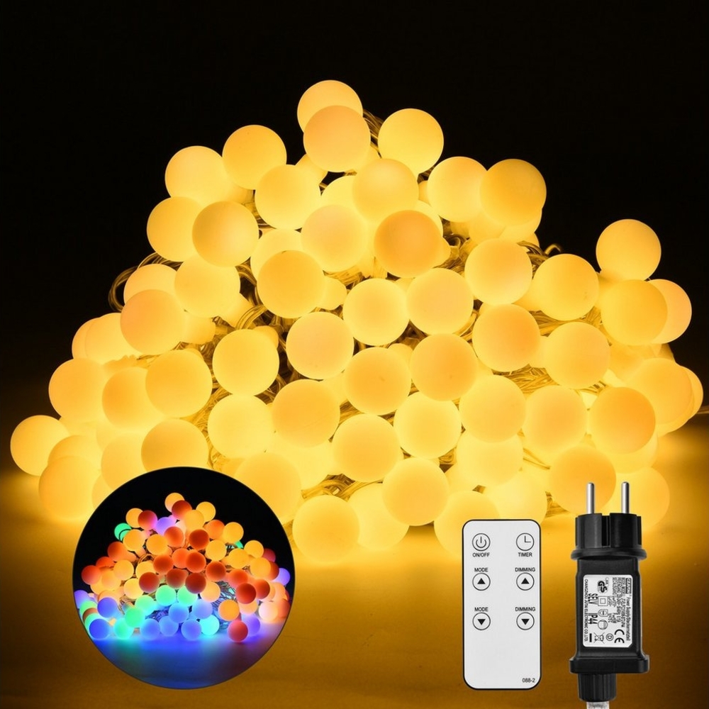 XERSEK LED-Lichterkette Warmweiß+Bunt 150LED 20m Kugel 10Modi + Memory Funktion Wasserdichte, 150-flammig, mit 31V Stecker für Außen und Innen IP44 Party Bild 1