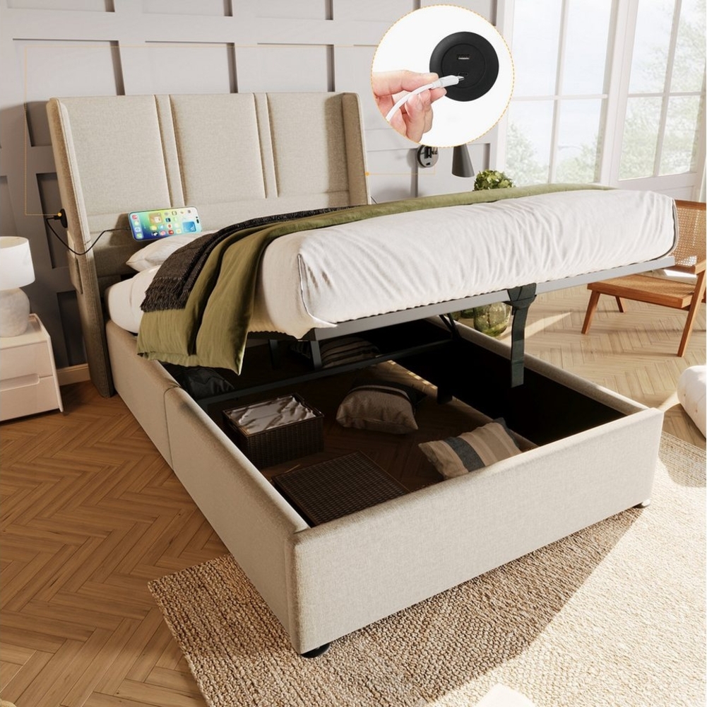 BlingBin Stauraumbett Polsterbett Bett mit Lattenrost aus Metallrahmen (1-tlg, Einzelbett 90x200cm mit USB/Typ-C Ladeanschlüsse), Seitentasche, Leinen, Beige Bild 1