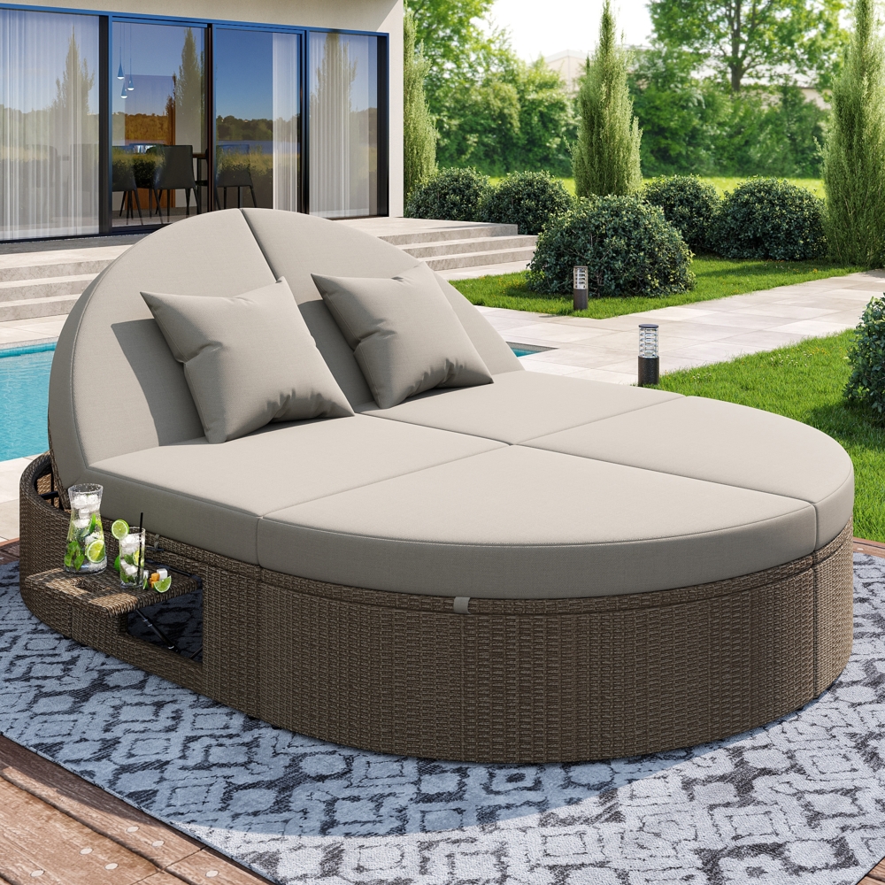 Merax Gartenliege Outdoor Rattan Doppelliege mit Klappregal, einstellbarer Rückenlehne, grau Bild 1