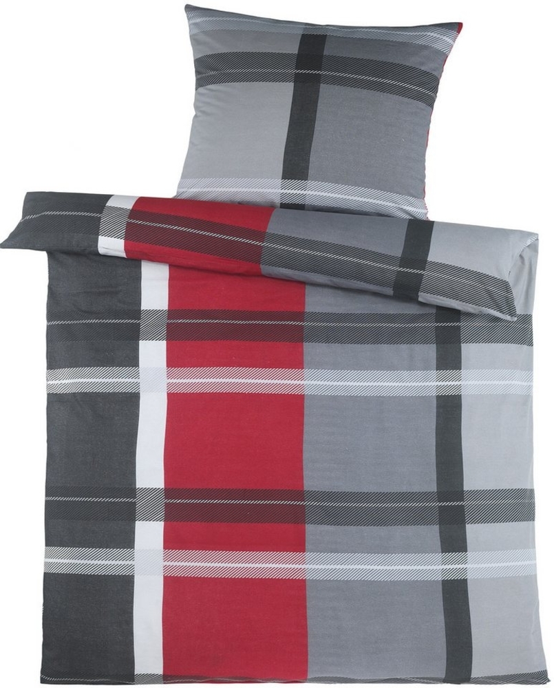 KH-Haushaltshandel Bettwäsche 2-tlg. Biber Winter Bettwäsche, 135x200 + 80x80cm, kariert, Biber, 2 teilig, rot grau schwarz, flauschig weich, warm, 100% Baumwolle Bild 1