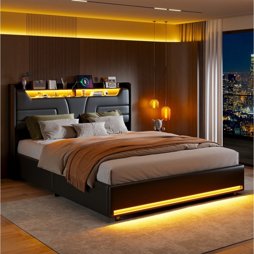 PXloue Polsterbett Doppelbett (Kopfteil mit 2 Steckdosen + USB), LED-Beleuchtung, Bettkasten, Kunstleder, 140x200 cm Bild 1