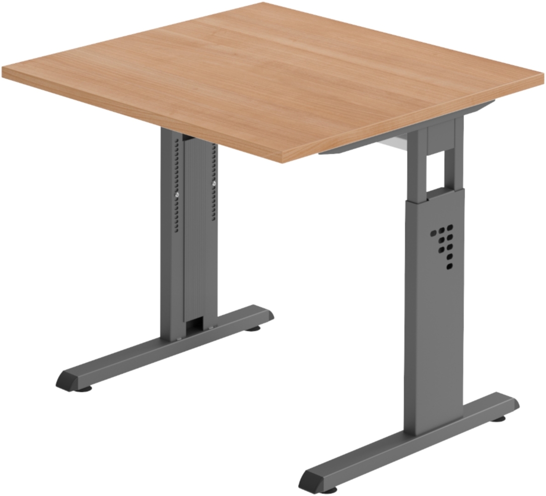 bümö höhenverstellbarer Schreibtisch O-Serie 80x80 cm in Nussbaum, Gestell in Graphit - PC Tisch klein für's Büro manuell höhenverstellbar, Computertisch verstellbar, OS-08-N-G Bild 1