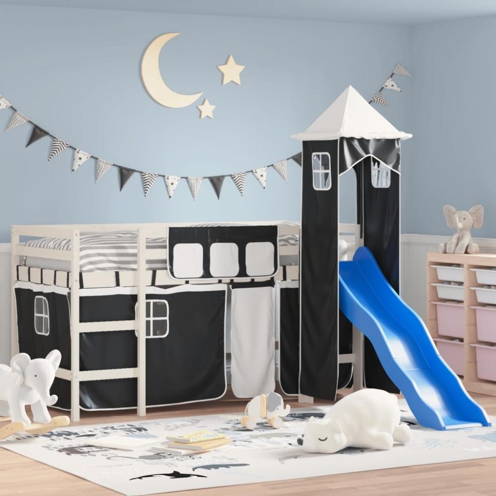 vidaXL Kinderhochbett mit Turm Weiß & Schwarz 90x190 cm Kiefernholz 3207084 Bild 1