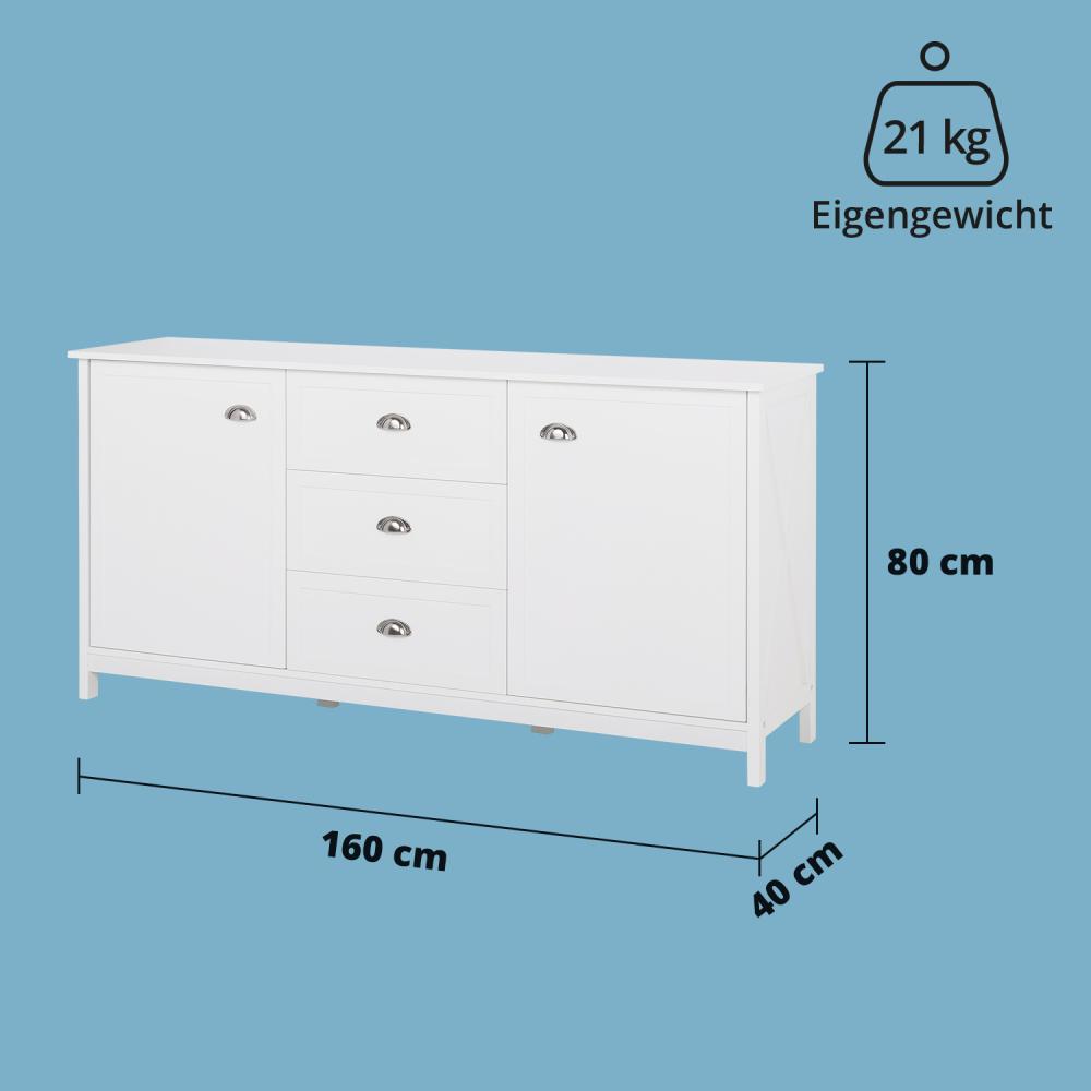 KHG Kommode groß, Sideboard Holz Weiß, Highboard für Schlafzimmer, Wohnzimmer, Flur, 2 Fächer mit 4 Ablagen, 3 Schubladen, Muschelgriffe, dekorative X-Streben, maritimer Landhausstil, 160x40x80 cm Bild 1