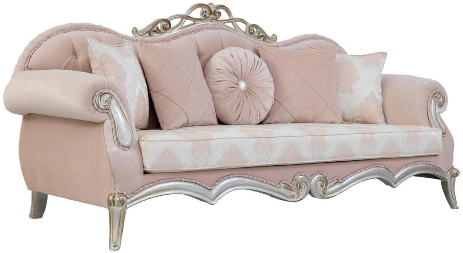 Casa Padrino Luxus Barock Wohnzimmer Sofa mit dekorativen Kissen Rosa / Silber / Gold 230x90 x H. 105 cm Bild 1