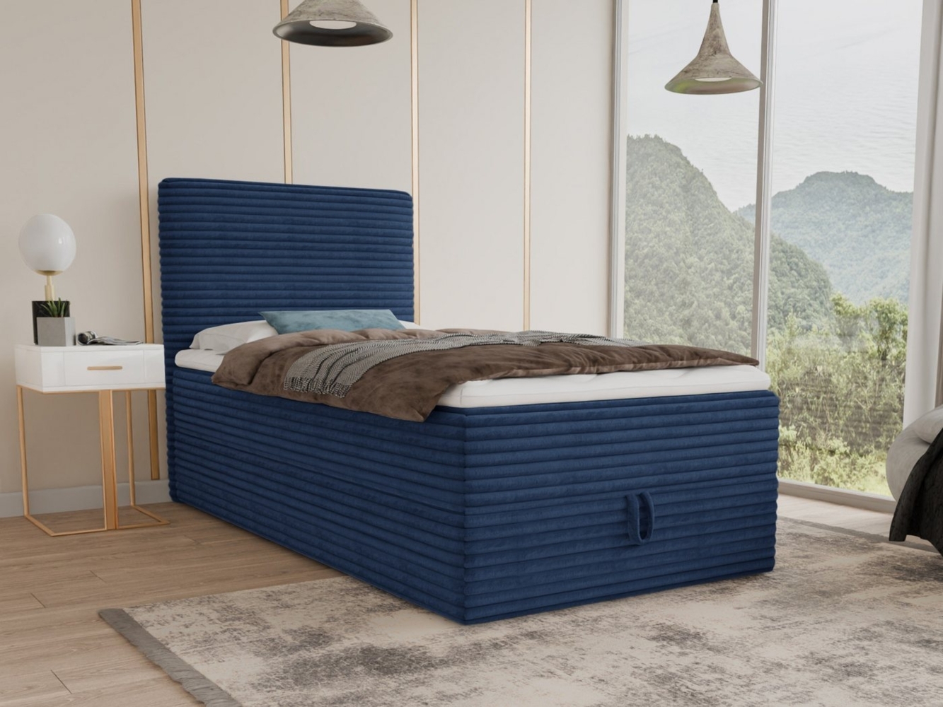 Boxspringbett Mollo Mini mit Bettkasten und Matratzentopper - Einzelbett mit Bonell-Matratze und Topper, Polsterbett in weichem Cordstoff, Bett, Schlafzimmer (Blau (Tilia 77), 120 x 200 cm) Bild 1